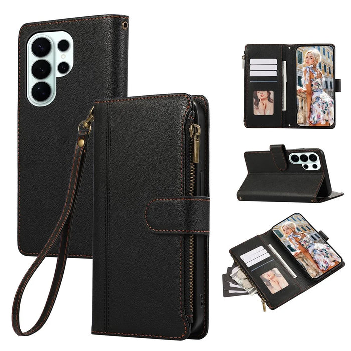 For Samsung Galaxy S26 Ultra Case Multi Card Slots Zipper Leather Phone Cover with Wrist Strap - Black - 1