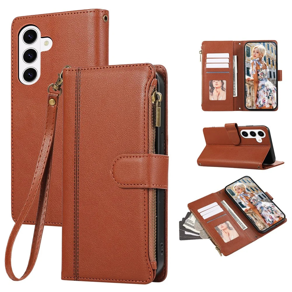 For Samsung Galaxy S26 Case Multi Card Slots Zipper Leather Phone Cover with Wrist Strap - Brown - 1