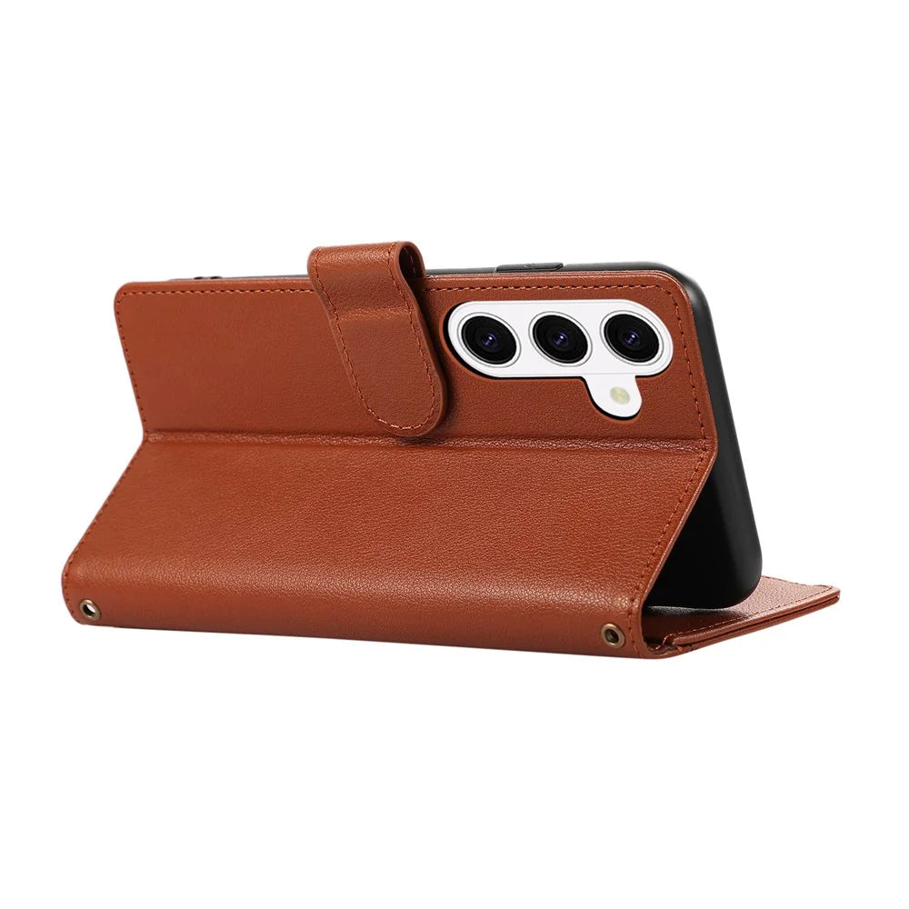 For Samsung Galaxy S26 Case Multi Card Slots Zipper Leather Phone Cover with Wrist Strap - Brown - 4
