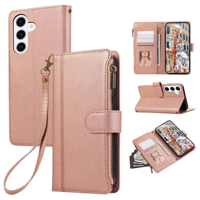 For Samsung Galaxy S26+ Case Multi Card Slots Zipper Leather Phone Cover with Wrist Strap - Rose Gold - 1
