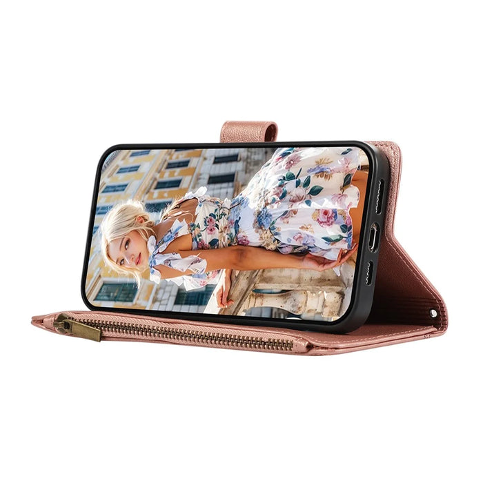 For Samsung Galaxy S26+ Case Multi Card Slots Zipper Leather Phone Cover with Wrist Strap - Rose Gold - 2