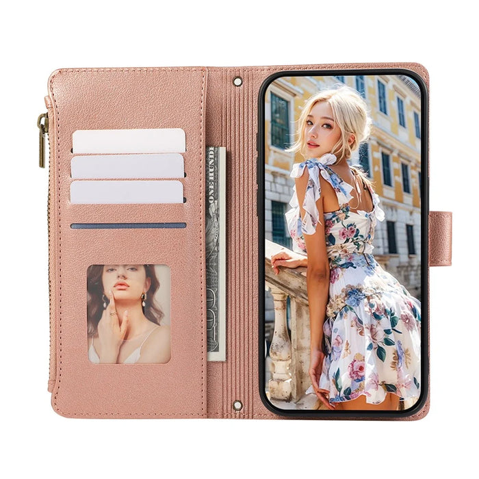 For Samsung Galaxy S26+ Case Multi Card Slots Zipper Leather Phone Cover with Wrist Strap - Rose Gold - 3