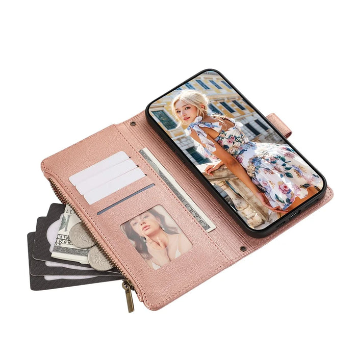 For Samsung Galaxy S26+ Case Multi Card Slots Zipper Leather Phone Cover with Wrist Strap - Rose Gold - 5