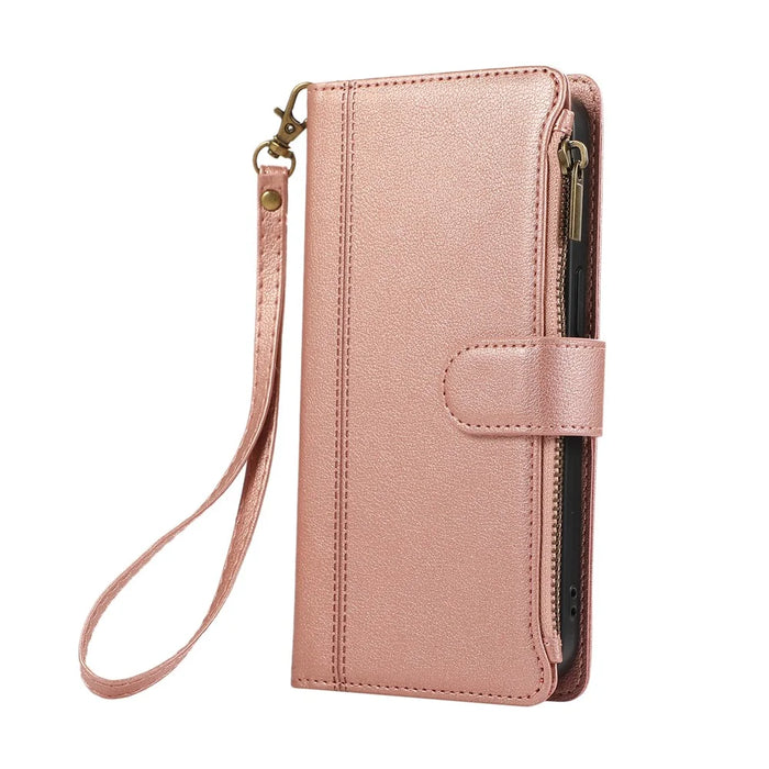 For Samsung Galaxy S26+ Case Multi Card Slots Zipper Leather Phone Cover with Wrist Strap - Rose Gold - 6