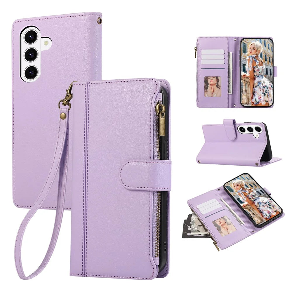 For Samsung Galaxy A37 5G Case Multi Card Slots Zipper Leather Phone Cover with Wrist Strap - Purple - 1