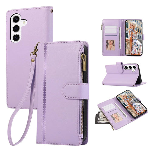 For Samsung Galaxy A37 5G Case Multi Card Slots Zipper Leather Phone Cover with Wrist Strap - Purple - 1