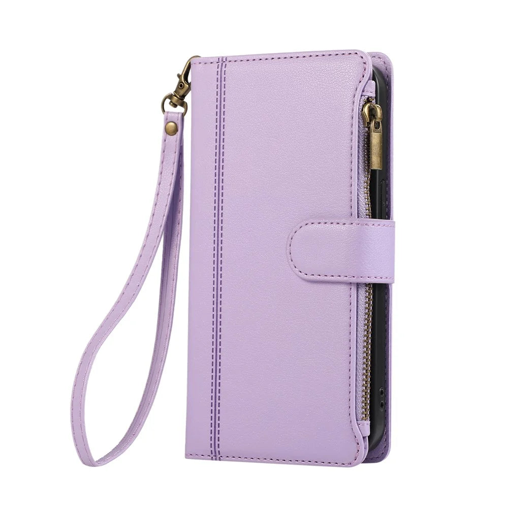 For Samsung Galaxy A37 5G Case Multi Card Slots Zipper Leather Phone Cover with Wrist Strap - Purple - 6