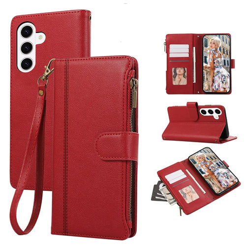 For Samsung Galaxy A57 5G Case Multi Card Slots Zipper Leather Phone Cover with Wrist Strap - Red - 1