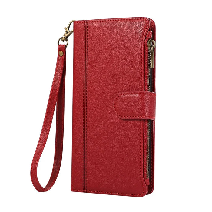 For Samsung Galaxy A57 5G Case Multi Card Slots Zipper Leather Phone Cover with Wrist Strap - Red - 6
