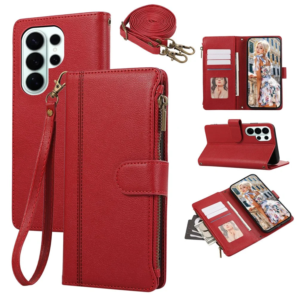 For Samsung Galaxy S26 Ultra Case Multi Card Slots Zipper Leather Phone Cover with Shoulder Strap  /  Wrist Strap - Red - 1