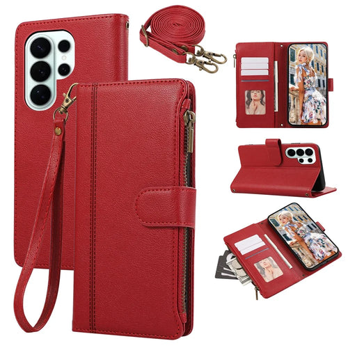 For Samsung Galaxy S26 Ultra Case Multi Card Slots Zipper Leather Phone Cover with Shoulder Strap  /  Wrist Strap - Red - 1