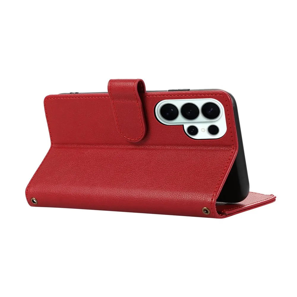 For Samsung Galaxy S26 Ultra Case Multi Card Slots Zipper Leather Phone Cover with Shoulder Strap  /  Wrist Strap - Red - 4