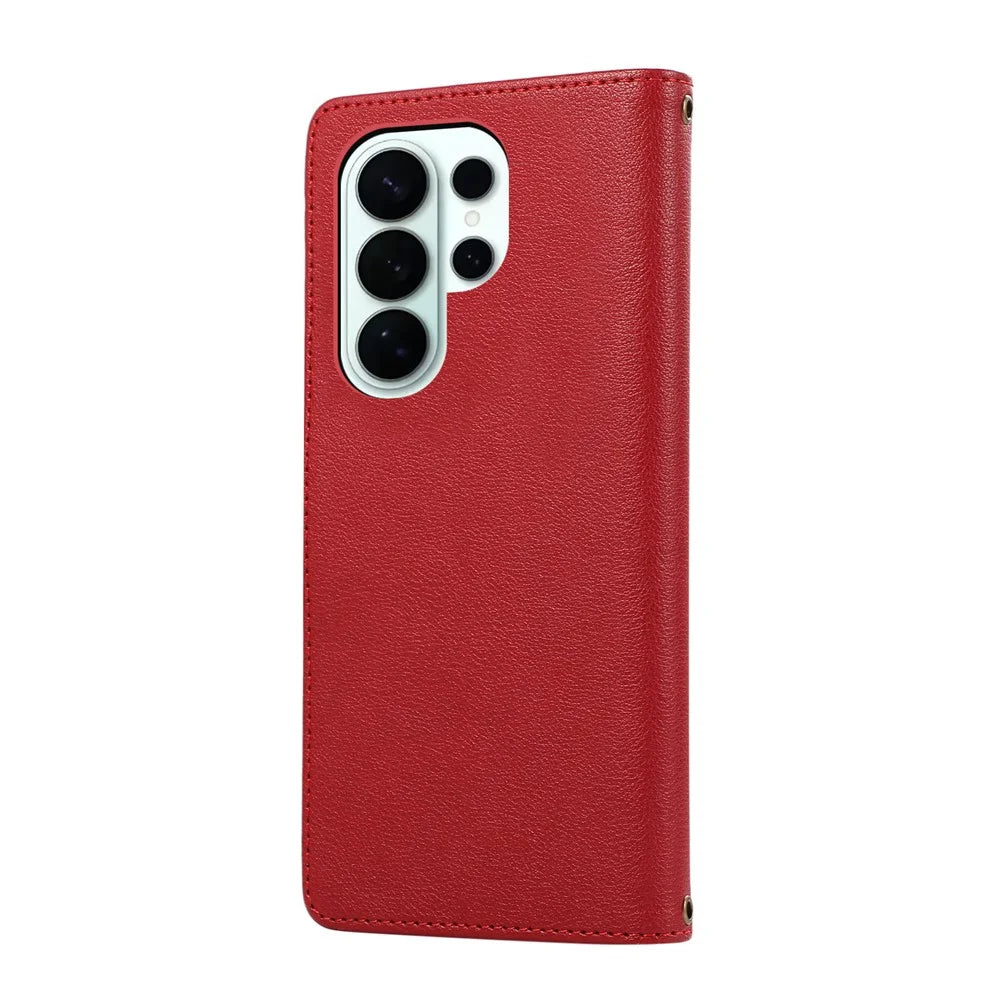 For Samsung Galaxy S26 Ultra Case Multi Card Slots Zipper Leather Phone Cover with Shoulder Strap  /  Wrist Strap - Red - 7