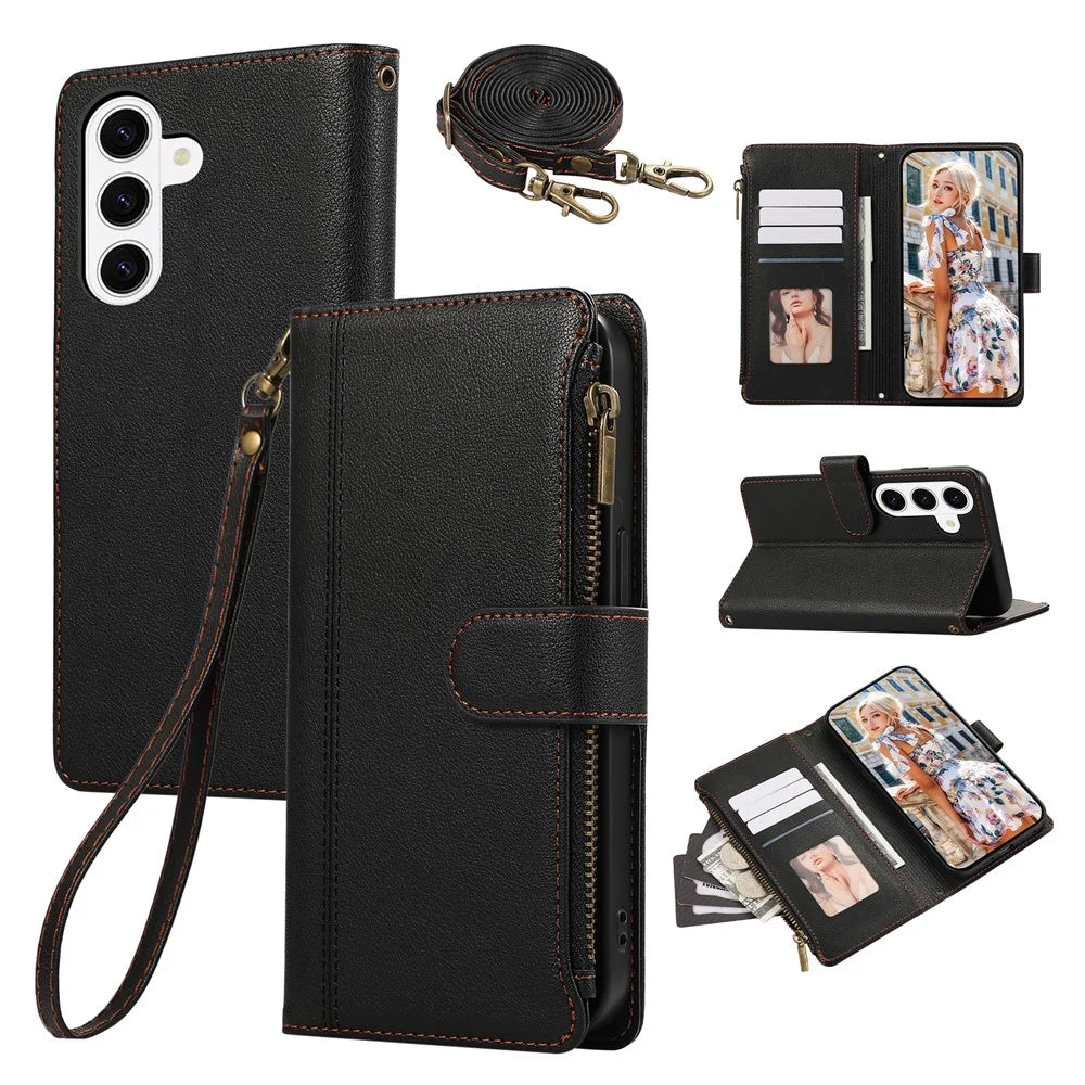 For Samsung Galaxy S26 Case Multi Card Slots Zipper Leather Phone Cover with Shoulder Strap  /  Wrist Strap - Black - 1