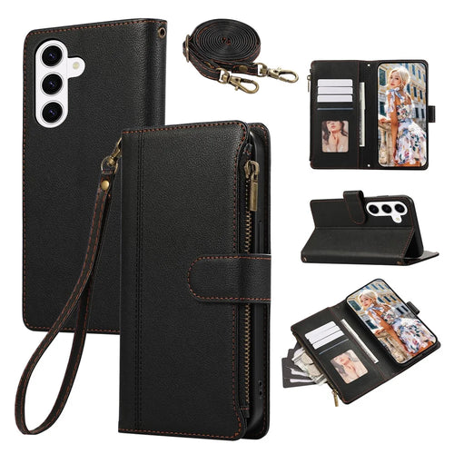 For Samsung Galaxy S26 Case Multi Card Slots Zipper Leather Phone Cover with Shoulder Strap  /  Wrist Strap - Black - 1