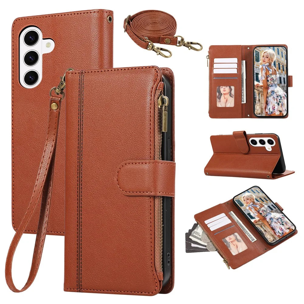 For Samsung Galaxy S26+ Case Multi Card Slots Zipper Leather Phone Cover with Shoulder Strap  /  Wrist Strap - Brown - 1