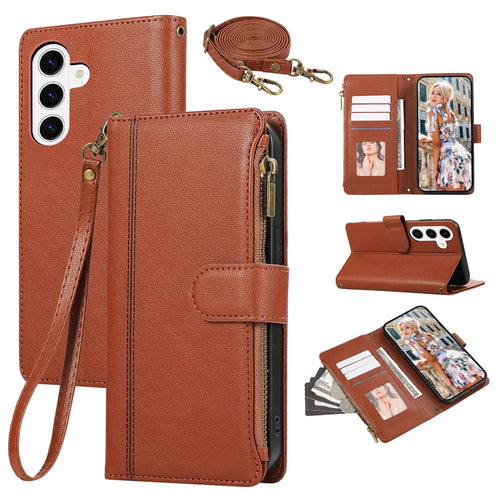 For Samsung Galaxy S26+ Case Multi Card Slots Zipper Leather Phone Cover with Shoulder Strap  /  Wrist Strap - Brown - 1