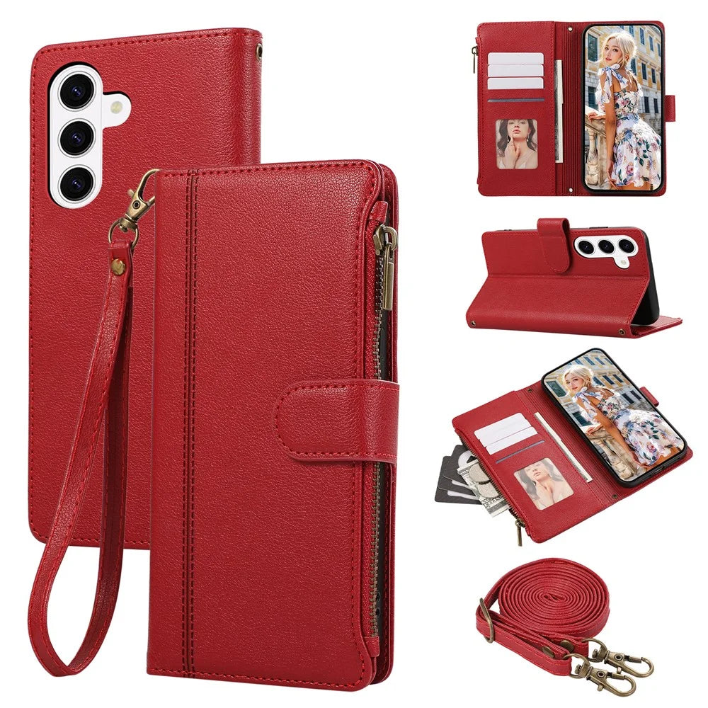 For Samsung Galaxy A37 5G Case Multi Card Slots Zipper Leather Phone Cover with Shoulder Strap  /  Wrist Strap - Red - 1