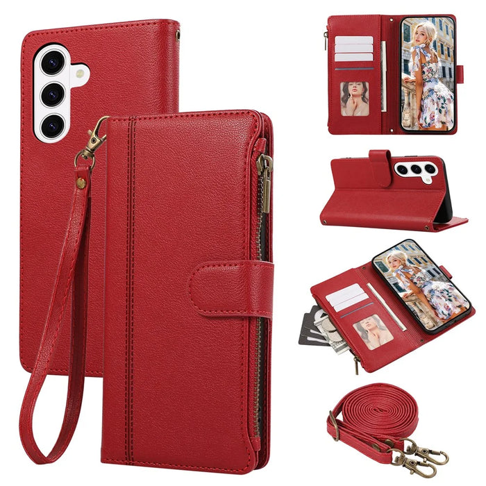 For Samsung Galaxy A37 5G Case Multi Card Slots Zipper Leather Phone Cover with Shoulder Strap  /  Wrist Strap - Red - 1