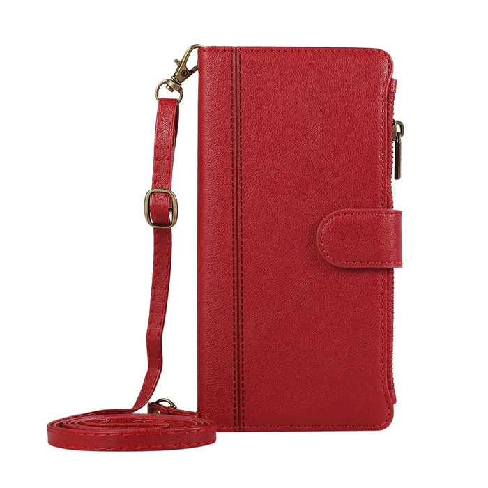 For Samsung Galaxy A37 5G Case Multi Card Slots Zipper Leather Phone Cover with Shoulder Strap  /  Wrist Strap - Red - 6