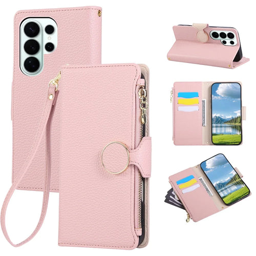 For Samsung Galaxy S26 Ultra Case Zipper Wallet Leather Phone Cover with Wrist Strap - Pink - 1