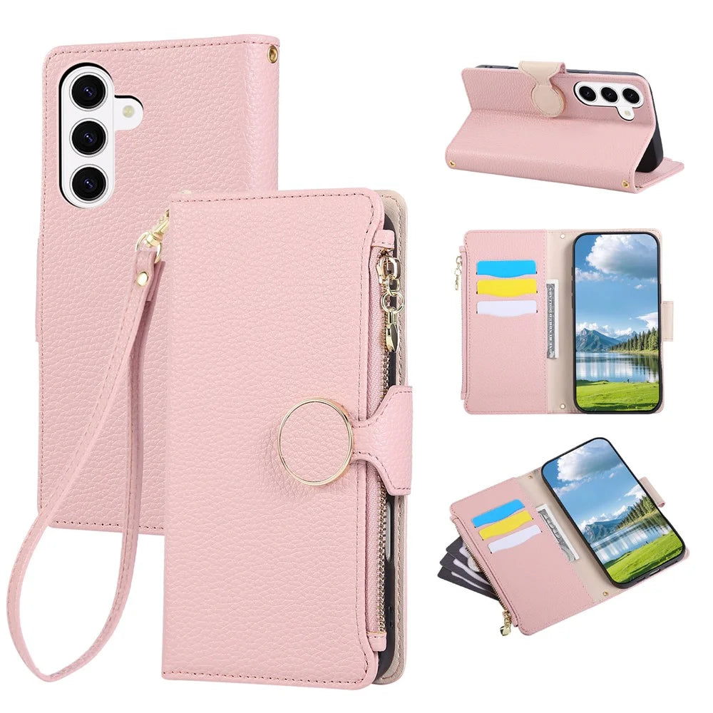 For Samsung Galaxy S26+ Case Zipper Wallet Leather Phone Cover with Wrist Strap - Pink - 1