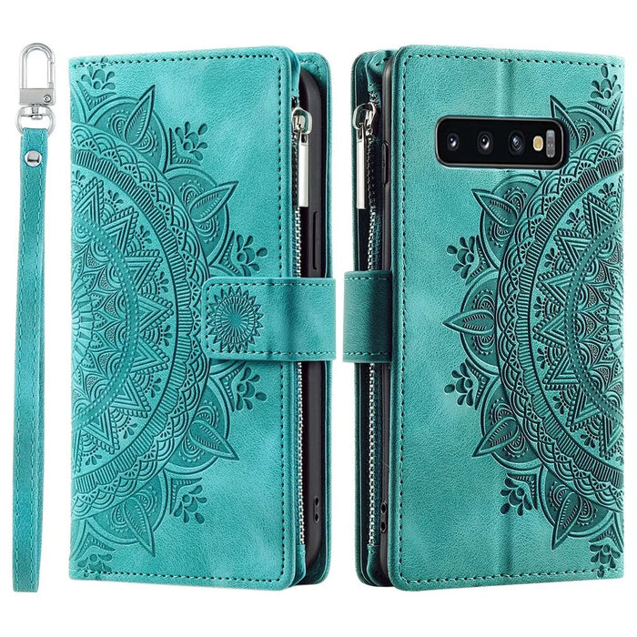 Mandala Flower Imprinted PU Leather Case for Samsung Galaxy S10 Plus 4G Magnetic Clasp Protection Cover with Zippered Wallet / Strap - Green - 1