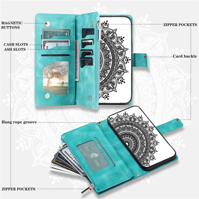 Mandala Flower Imprinted PU Leather Case for Samsung Galaxy S10 Plus 4G Magnetic Clasp Protection Cover with Zippered Wallet / Strap - Green - 5