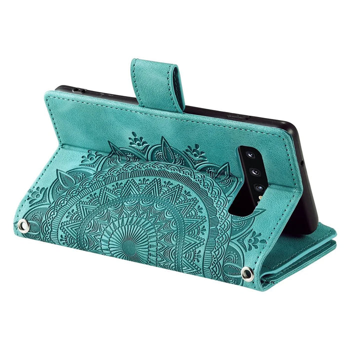 Mandala Flower Imprinted PU Leather Case for Samsung Galaxy S10 Plus 4G Magnetic Clasp Protection Cover with Zippered Wallet / Strap - Green - 7