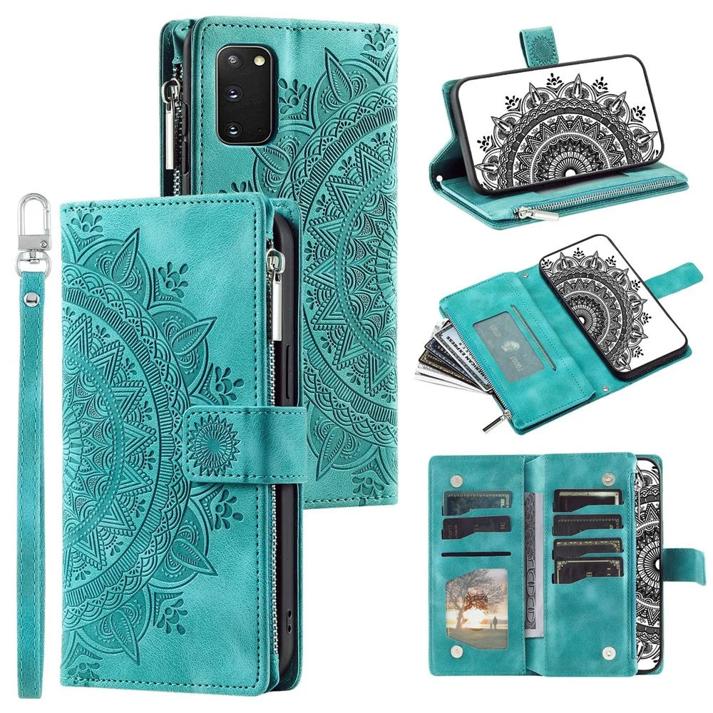 For Samsung Galaxy S20 4G / S20 5G Shockproof Case Mandala Flower Imprinted PU Leather Cover Magnetic Clasp Multi Card Slot Protective Cover with Zippered Wallet / Strap - Green - 1
