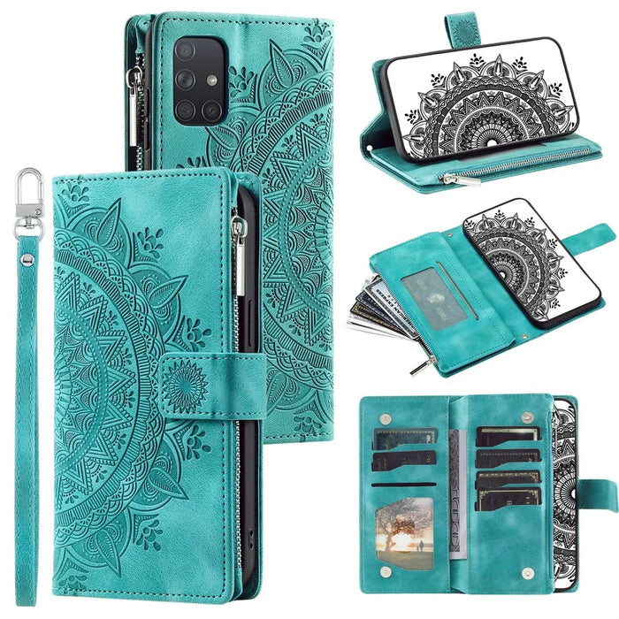 For Samsung Galaxy A51 4G SM-A515 PU Leather Phone Case Mandala Flower Imprinted Shockproof Cover Magnetic Clasp Multi Card Slot Phone Shell with Zippered Wallet / Strap - Green - 1