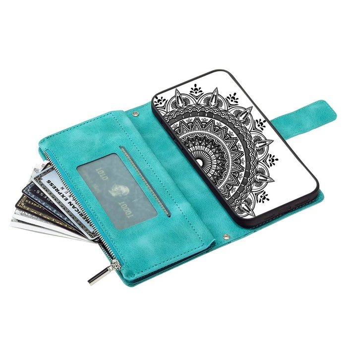 For Samsung Galaxy A51 4G SM-A515 PU Leather Phone Case Mandala Flower Imprinted Shockproof Cover Magnetic Clasp Multi Card Slot Phone Shell with Zippered Wallet / Strap - Green - 4