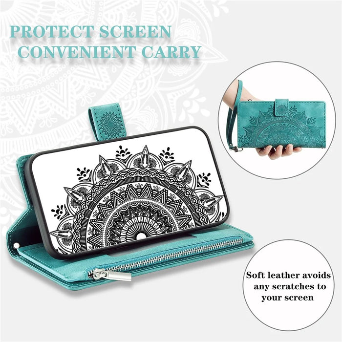 For Samsung Galaxy A51 4G SM-A515 PU Leather Phone Case Mandala Flower Imprinted Shockproof Cover Magnetic Clasp Multi Card Slot Phone Shell with Zippered Wallet / Strap - Green - 6