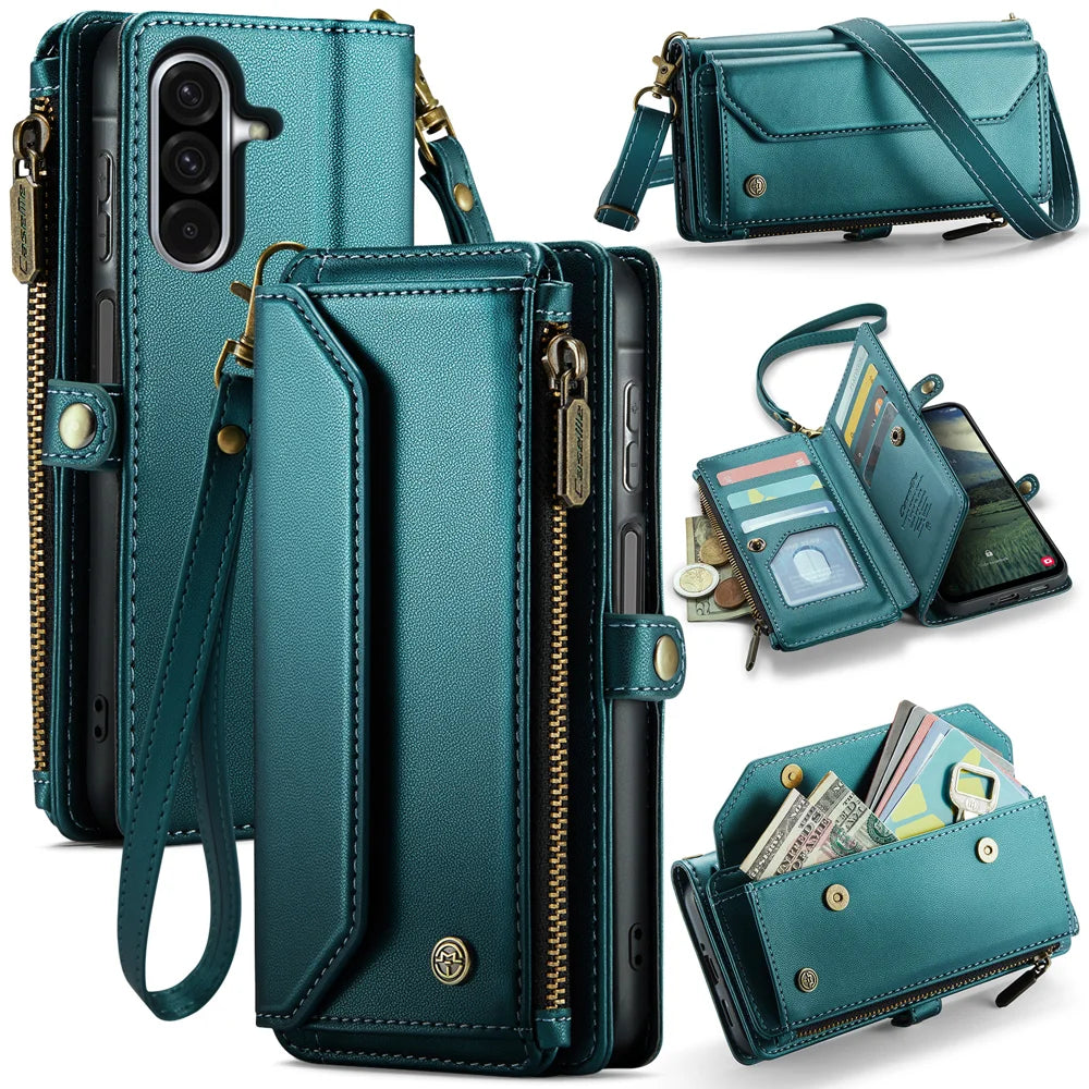 CASEME For Samsung Galaxy A57 5G Leather Case  C36 Zipper 10 Card Slots Phone Cover with Straps - Green - 1