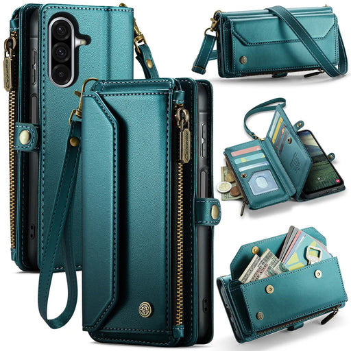 CASEME For Samsung Galaxy A57 5G Leather Case  C36 Zipper 10 Card Slots Phone Cover with Straps - Green - 1