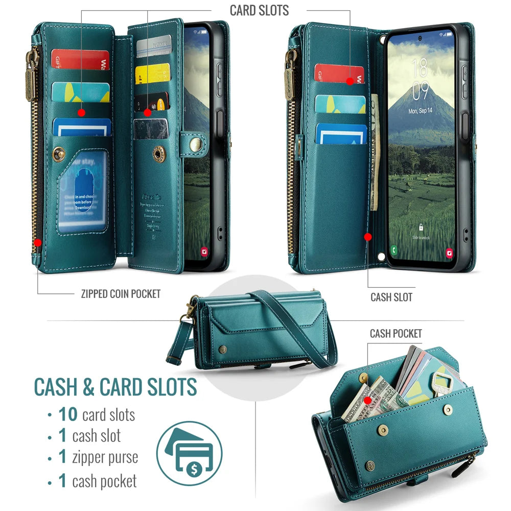 CASEME For Samsung Galaxy A57 5G Leather Case  C36 Zipper 10 Card Slots Phone Cover with Straps - Green - 2