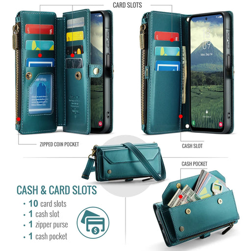 CASEME For Samsung Galaxy A57 5G Leather Case  C36 Zipper 10 Card Slots Phone Cover with Straps - Green - 2