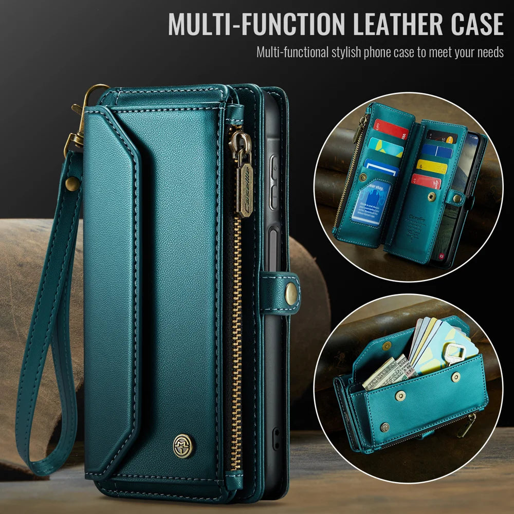 CASEME For Samsung Galaxy A57 5G Leather Case  C36 Zipper 10 Card Slots Phone Cover with Straps - Green - 7