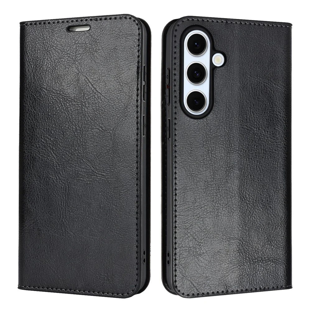 For Samsung Galaxy S25 FE Case Crazy Horse Texture Split Leather Wallet Phone Cover - Black - 1