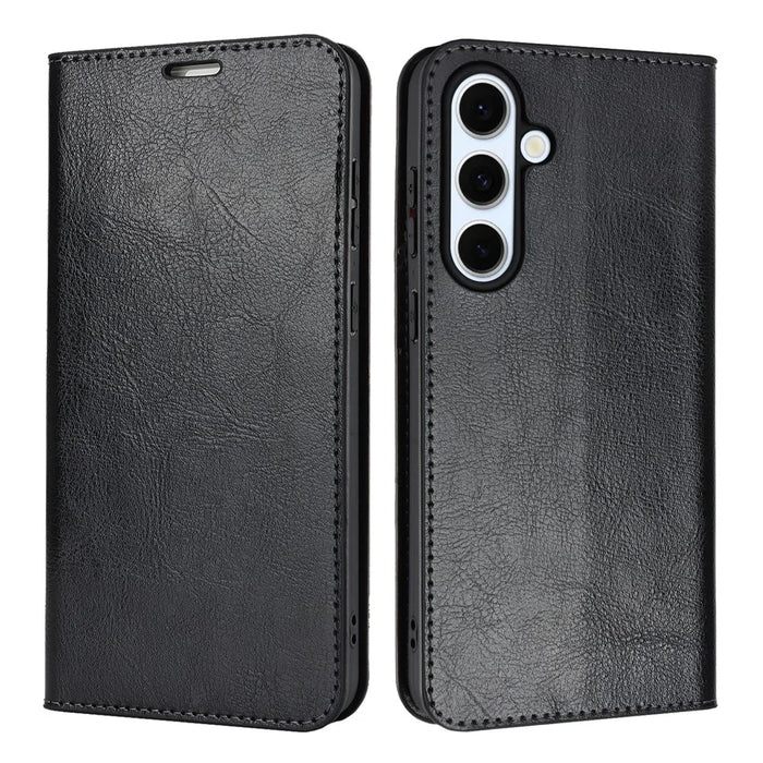 For Samsung Galaxy S25 FE Case Crazy Horse Texture Split Leather Wallet Phone Cover - Black - 1
