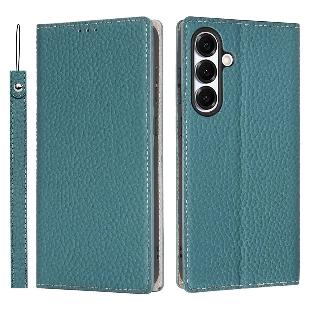 For Samsung Galaxy S25 FE Wallet Case Genuine Cow Leather Phone Cover Litchi Texture - Sky Blue - 1