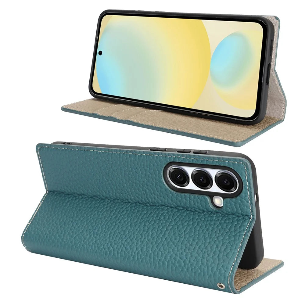 For Samsung Galaxy S25 FE Wallet Case Genuine Cow Leather Phone Cover Litchi Texture - Sky Blue - 2