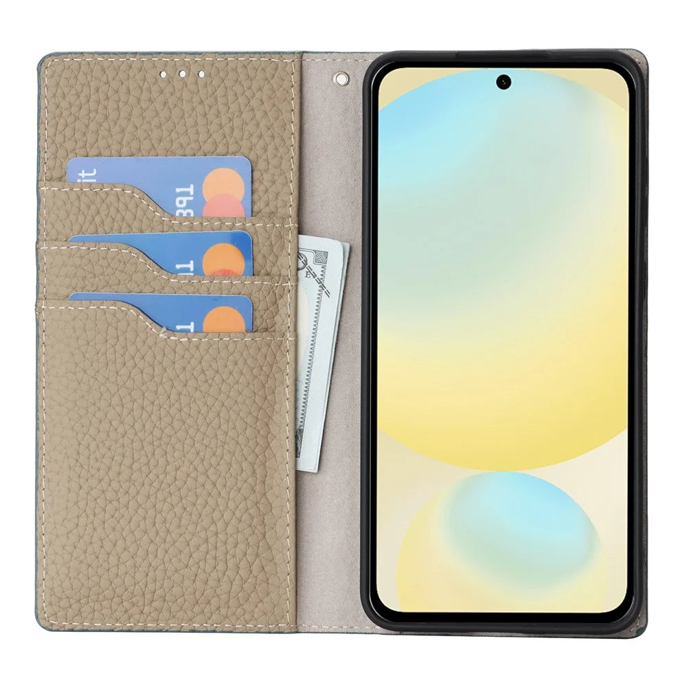 For Samsung Galaxy S25 FE Wallet Case Genuine Cow Leather Phone Cover Litchi Texture - Sky Blue - 3
