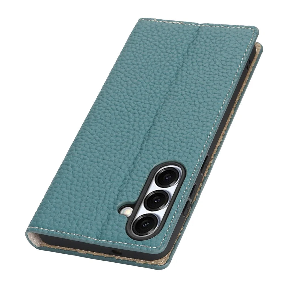 For Samsung Galaxy S25 FE Wallet Case Genuine Cow Leather Phone Cover Litchi Texture - Sky Blue - 4