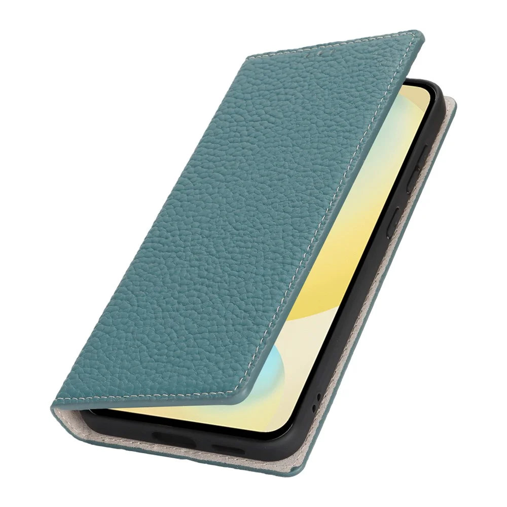 For Samsung Galaxy S25 FE Wallet Case Genuine Cow Leather Phone Cover Litchi Texture - Sky Blue - 5