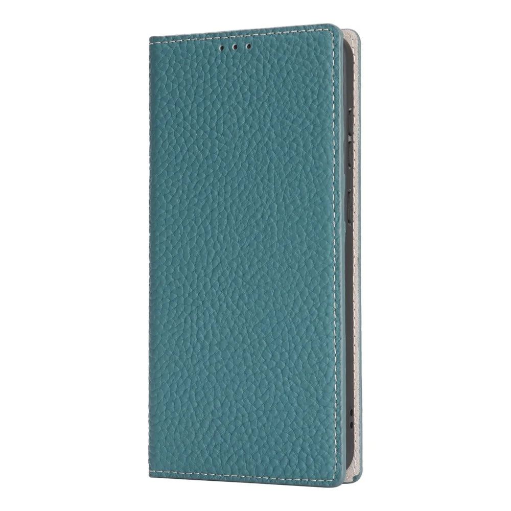 For Samsung Galaxy S25 FE Wallet Case Genuine Cow Leather Phone Cover Litchi Texture - Sky Blue - 7