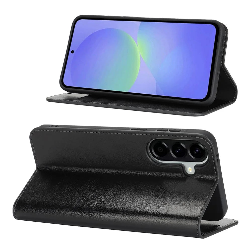 For Samsung Galaxy A37 5G Case Crazy Horse Texture Split Leather Wallet Phone Cover - Black - 2