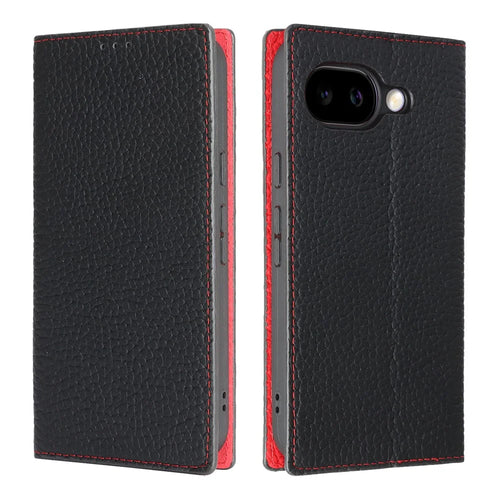 For Google Pixel 10a Wallet Case Genuine Cow Leather Phone Cover Litchi Texture - Black - 1