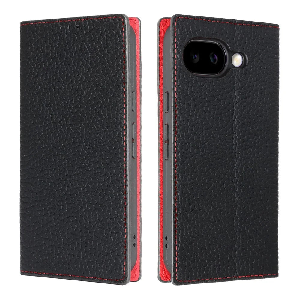 For Google Pixel 10a Wallet Case Genuine Cow Leather Phone Cover Litchi Texture - Black - 1