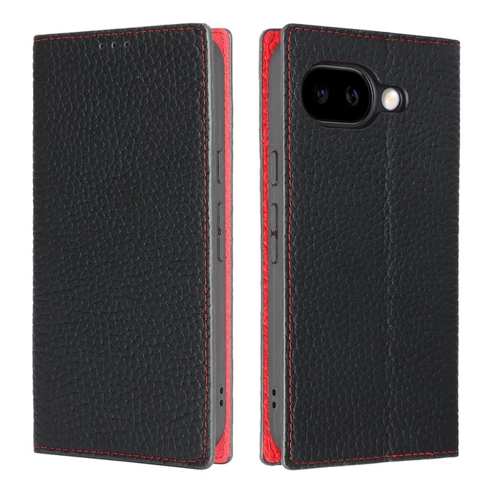For Google Pixel 10a Wallet Case Genuine Cow Leather Phone Cover Litchi Texture - Black - 1